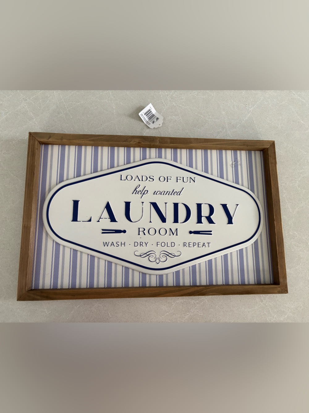 NWT Farmhouse Laundry Room Wood Framed Wall Sign - Blue Ticking Stripe